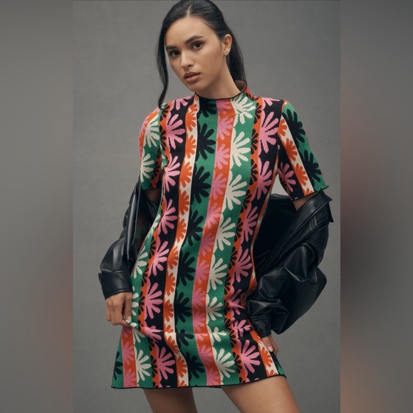 NWT Anthropologie The Nina Short-Sleeve Mock-Neck Mod Mini Dress - Multiple🟤🥨 - Picture 1 of 12